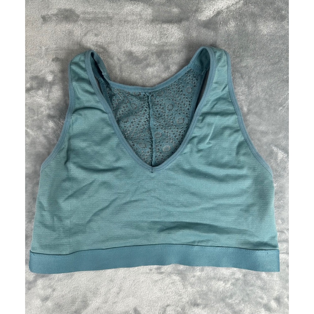 Nicole Miller Bralette Women L Teal Blue Crochet Lace Racerback Seamless Stretch